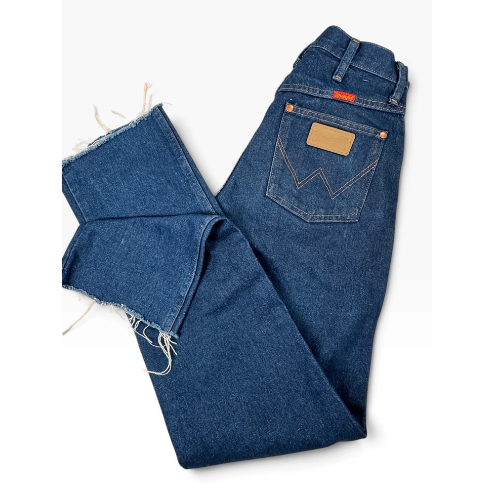 Wrangler Vintage High Waisted Raw Hem Straight Leg Jeans 14MWZG Dark Wash 26x30